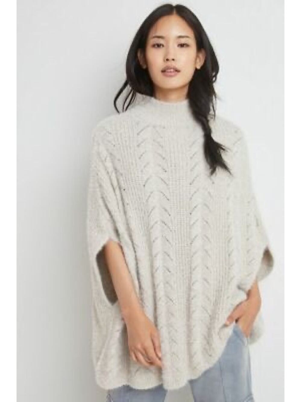 Akemi + Kin Pointelle Oversized Mock Neck Poncho Sweater One Size Ivory Knit